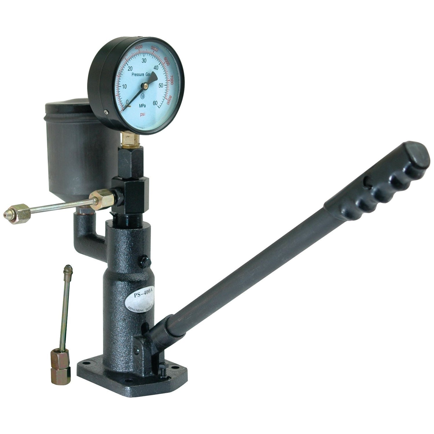 The Sparex Diesel Injector Tester - S.26266 is a manual hydraulic pressure test pump, equipped with a high-pressure gauge, lever handle, and metal base for checking pressure and testing hydraulic systems. It also serves as an efficient injector tester for evaluating the atomisation pattern.