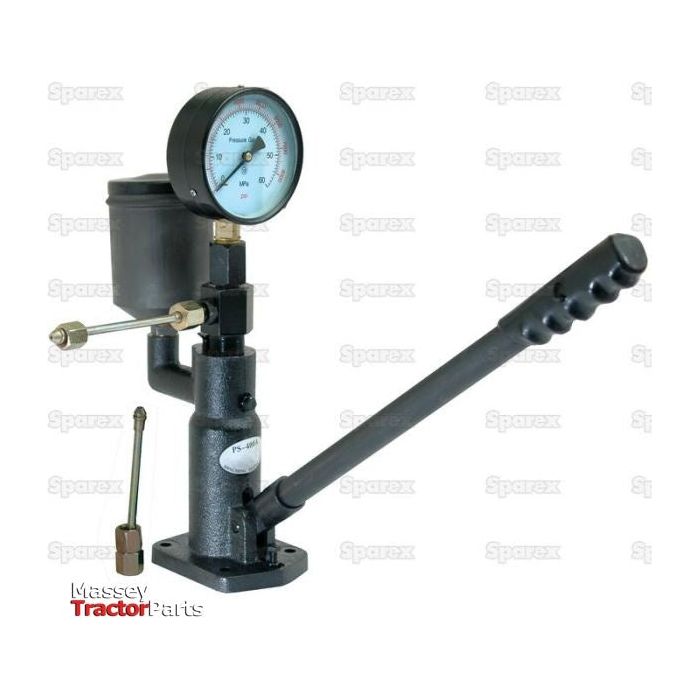 A Diesel Injector Tester - S.26266 from Sparex features a manual hydraulic injector tester with gauge, lever, and attached components, branded with the "Massey Tractor Parts" logo at the bottom to ensure accurate measurements of the atomization pattern.