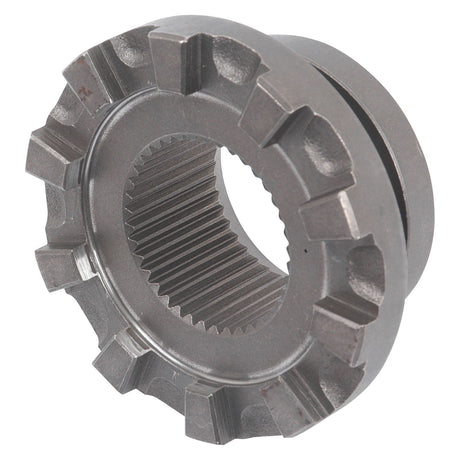 Close-up of a Differntial Lock Coupler (Sparex Part No.S.42041) featuring grooved edges and inner ridges, likely a part of Massey Ferguson machinery or an automotive system, produced by Sparex.