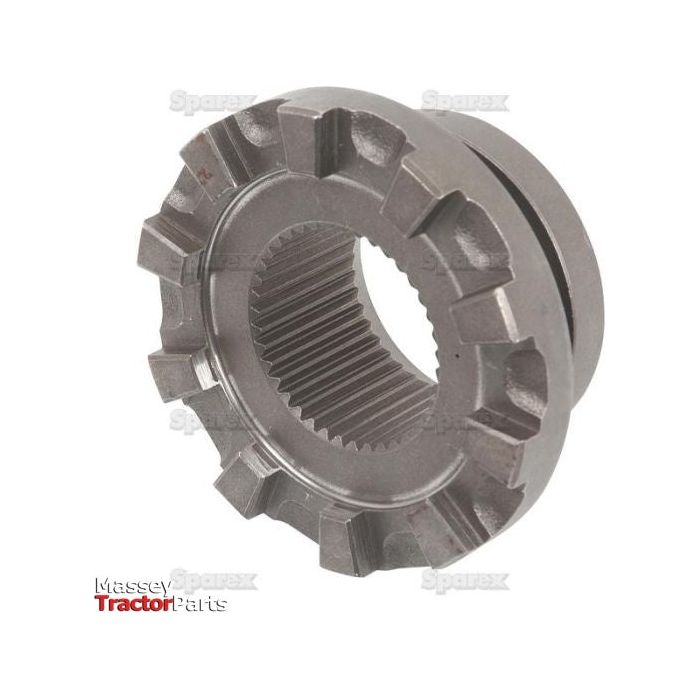 A differential lock coupler with internal and external teeth, viewed from an angled perspective. The coupler features the text "Sparex," indicating its compatibility with Massey Ferguson’s differential lock systems. This product is identified as the Differential Lock Coupler | Sparex Part No. S.42041 by the brand Sparex.