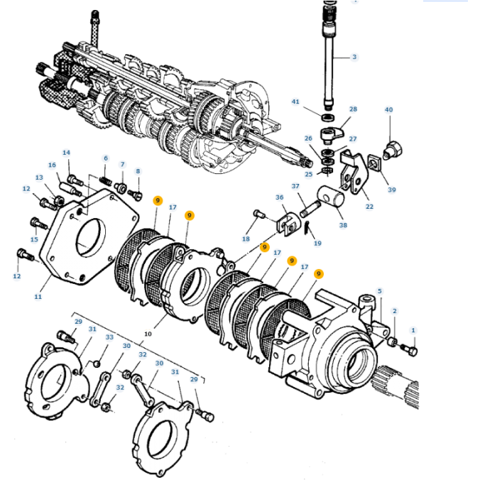 Diagram of a Massey Ferguson mechanical assembly, featuring numbered components such as the Disc 3715250M2 from AGCO. The components, part of the 8100 Series, are labeled from 1 to 41 to highlight their positions and connections.