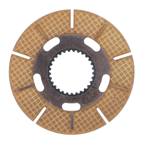 A Massey Ferguson - Disc - 3715250M2 from the AGCO brand, featuring a textured, circular design with a central gear and radiating slots, viewed from above on a white background.