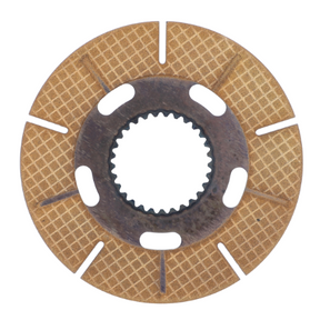 A Massey Ferguson - Disc - 3715250M2 from the AGCO brand, featuring a textured, circular design with a central gear and radiating slots, viewed from above on a white background.