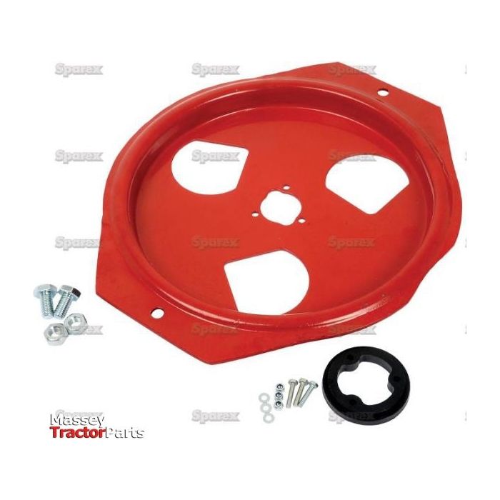 A Disc Assembly with 2 circular cutouts, accompanied by screws and a black plastic ring on a white background, featuring the text "Sparex - Ideal for Vicon machinery. Product Code: 90066542KIT | Sparex Part No.S.22782".