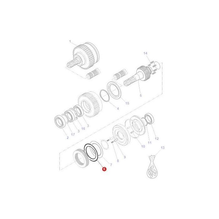 Exploded view of a mechanical assembly, showcasing various gears, bearings, and rings with numbered labels indicating parts and their positions, perfect for identifying tractor parts on models like the Massey Ferguson - Disc Front PTO - 3907495M91 by AGCO.