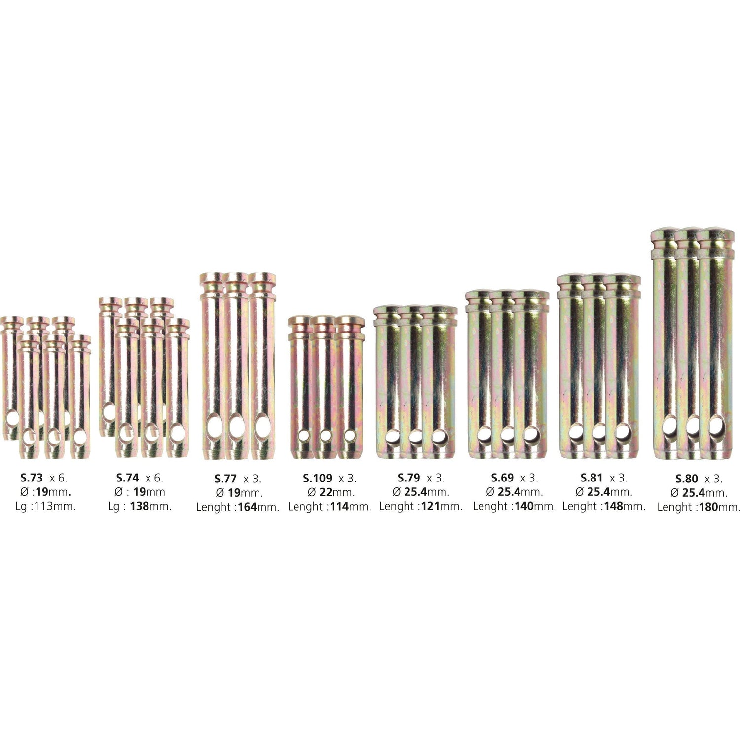 A lineup of eight cylindrical metal rods from the Sparex Dispenser Kit - Top Link Pins - Cat. 1/2 (Sparex Part No. S.2304) features three holes each and varies in length from 113mm to 180mm with diameters ranging from 19mm to 25.4mm, all labeled with specific dimensions.
