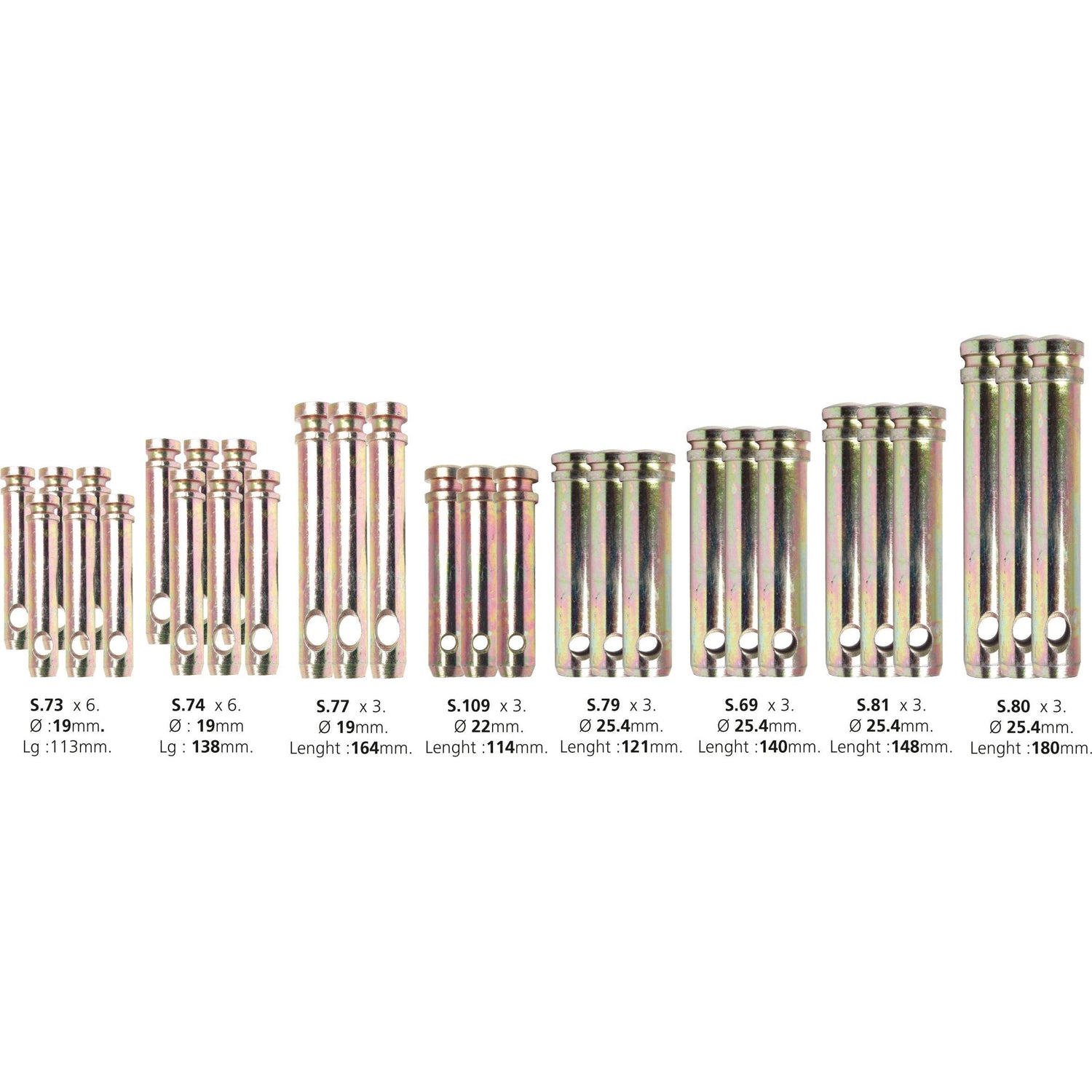 A row of variously sized metal rods with holes, resembling the Dispenser Kit - Top Link Pins - Cat. 1/2 by Sparex (Sparex Part No.S.2304), displays measurements of diameter and length for each rod beneath them.