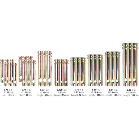 An assortment of metal cylindrical objects with varying lengths and diameters, each featuring double holes near the base and labeled with specific measurements, similar to elements from the Sparex Dispenser Kit - Top Link Pins - Cat. 1/2 (Sparex Part No. S.2304).