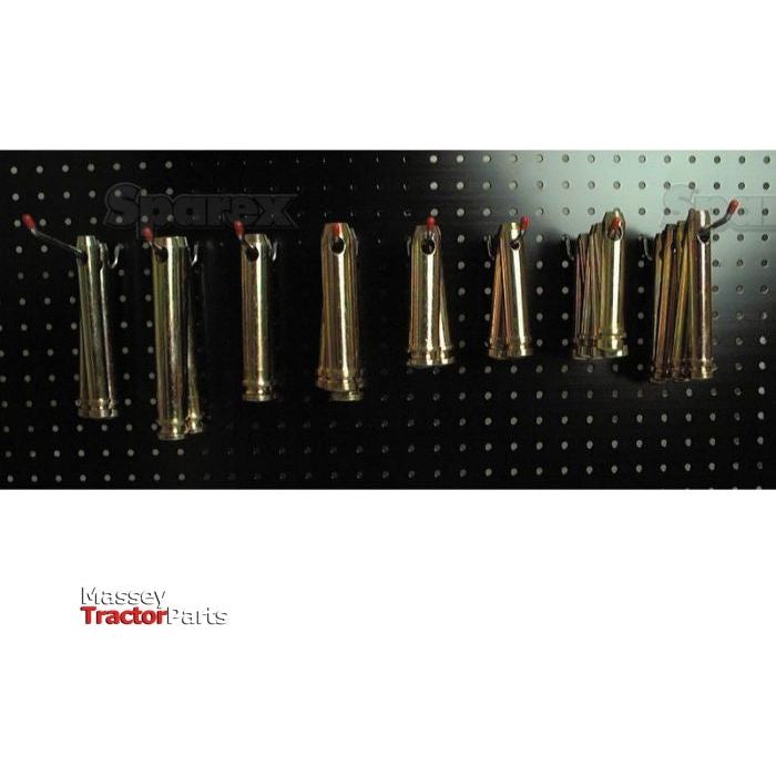 Seven metal spark plug caps are evenly spaced and hanging on a perforated board. The text "Sparex" and "Massey Tractor Parts" is visible in the image, along with a Dispenser Kit - Top Link Pins - Cat. 1/2 (Sparex Part No.S.2304) in the corner.