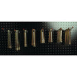 A row of brass bullet casings hangs on hooks against a black pegboard, resembling the meticulous organization of the Dispenser Kit - Top Link Pins - Cat. 1/2 (Sparex Part No.S.2304) by Sparex.
