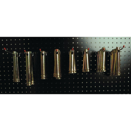 Eight brass bugle mouthpieces are hung in a row on a perforated black pegboard, alongside a handy Sparex Dispenser Kit - Top Link Pins - Cat. 1/2 (Sparex Part No.S.2304).