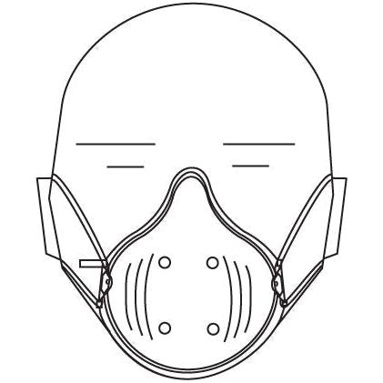 Line drawing of the Sparex Disposable Dust Mask (Sparex Part No. S.5672), featuring ear loops and a head strap, designed to cover the nose and mouth. This mask, part of the Agripak containing 10 pieces, has an integral valve and ventilation holes with a contoured shape.
