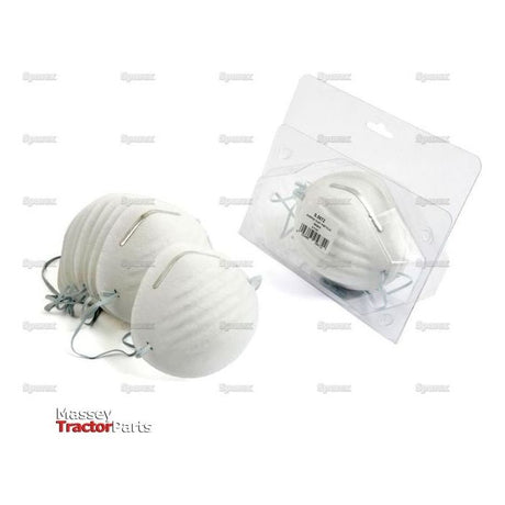 Two sets of white disposable face masks with elastic ear loops are shown, one set in a plastic packaging labeled "Disposable Dust Mask Sparex Agripak: 10 pcs." by Sparex, Part No. S.5672.