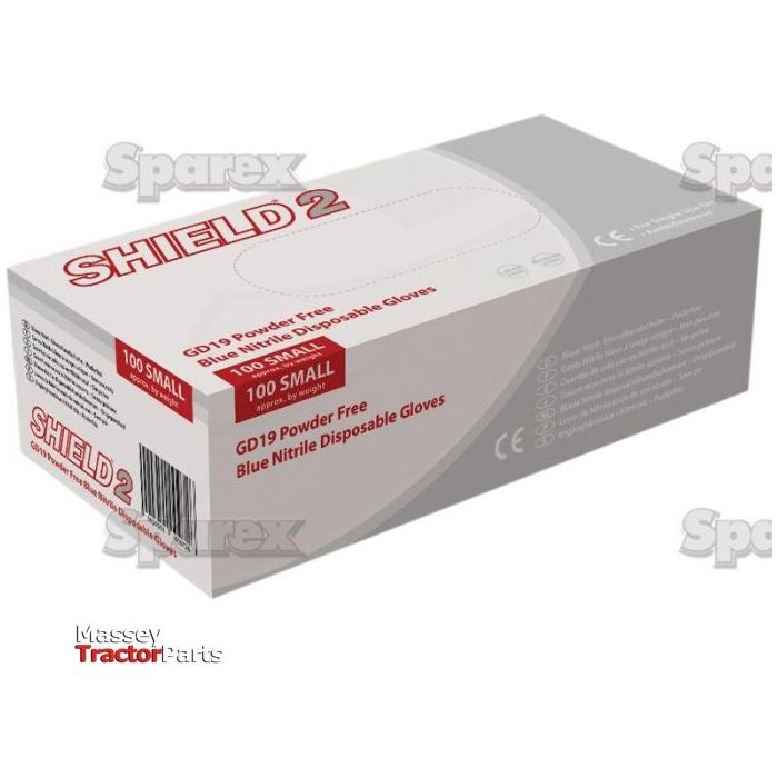 A box labeled "S.27831," containing 100 small, powder-free blue nitrile disposable gloves from Sparex. Suitable for a variety of tasks, these high-quality gloves are built to perform reliably. For further information, refer to the included manufacturer details.
