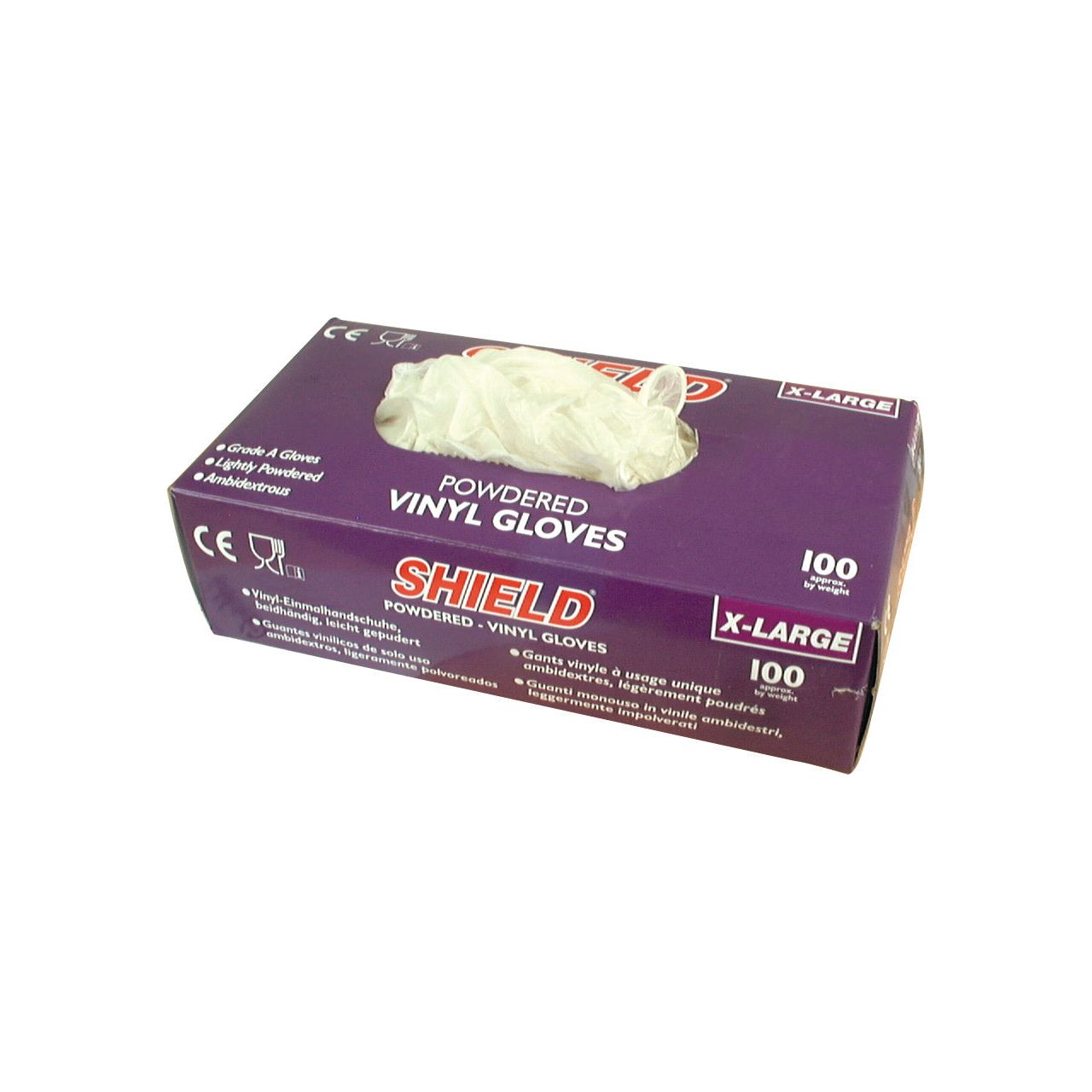 A purple box labeled "Sparex Disposable Vinyl Glove - 10/XL," containing 100 chemical resistant gloves with Sparex Part No. S.52981, has one glove partially pulled out from the box.