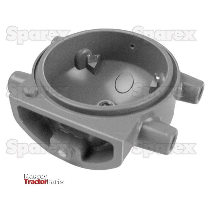 A gray, round tractor engine component designed with two cylindrical protrusions, one circular depression, and several small raised parts. The background features the repeating text "SparesX." Perfect for Ford/New Holland machinery, this Distributor Cap (Sparex Part No. S.42327) ensures reliability akin to a sturdy distributor cap from the trusted brand Sparex.