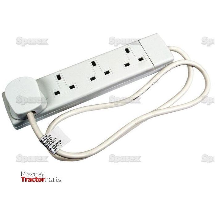 A Domestic Extension Lead by Sparex, featuring a 13amp plug with 4 sockets and a 1-meter cable extension, is shown. The product has a label attached to the cord, and faint watermarks of "Massey Tractor Parts" and "Sparex" are visible.