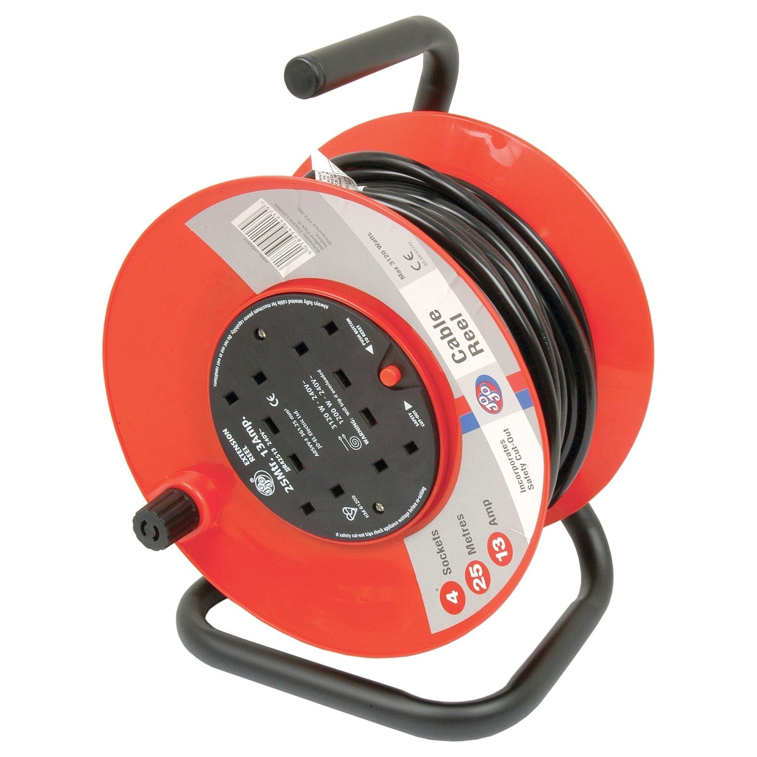 A Domestic Extension Reel 13amp x 25m from Sparex (Part No. S.14852) features a red cable reel with a black retractable extension cord and multiple sockets, all mounted on a black metal frame with a handle for easy carrying. This 25-meter Sparex extension reel ensures you have ample reach for any task.