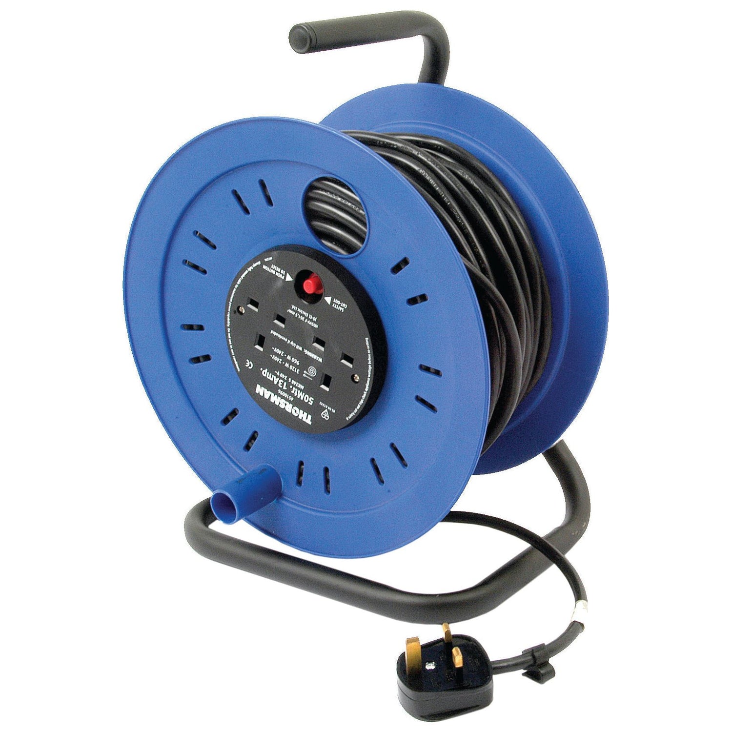 The Sparex Domestic Extension Reel, part number S.14853, features a handle, black power cable, 13 Amps capacity, multiple outlets, and a UK plug. The extension reel is shown in blue and offers 50 meters of length.