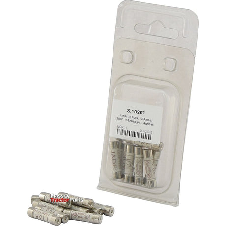 A package of Sparex Domestic Fuse, 13 Amps, 240V, containing 10 small cylindrical fuses with some assorted fuses also placed outside the package. The label on the Agripak packaging reads "Domestic Fuse, 13 Amps, 240V.