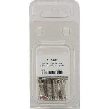 A package of Domestic Fuses, 13 Amps, 240V, containing 10 pieces from Agripak (Sparex), labeled with product code S.10267 and packing date 24/02/2021.