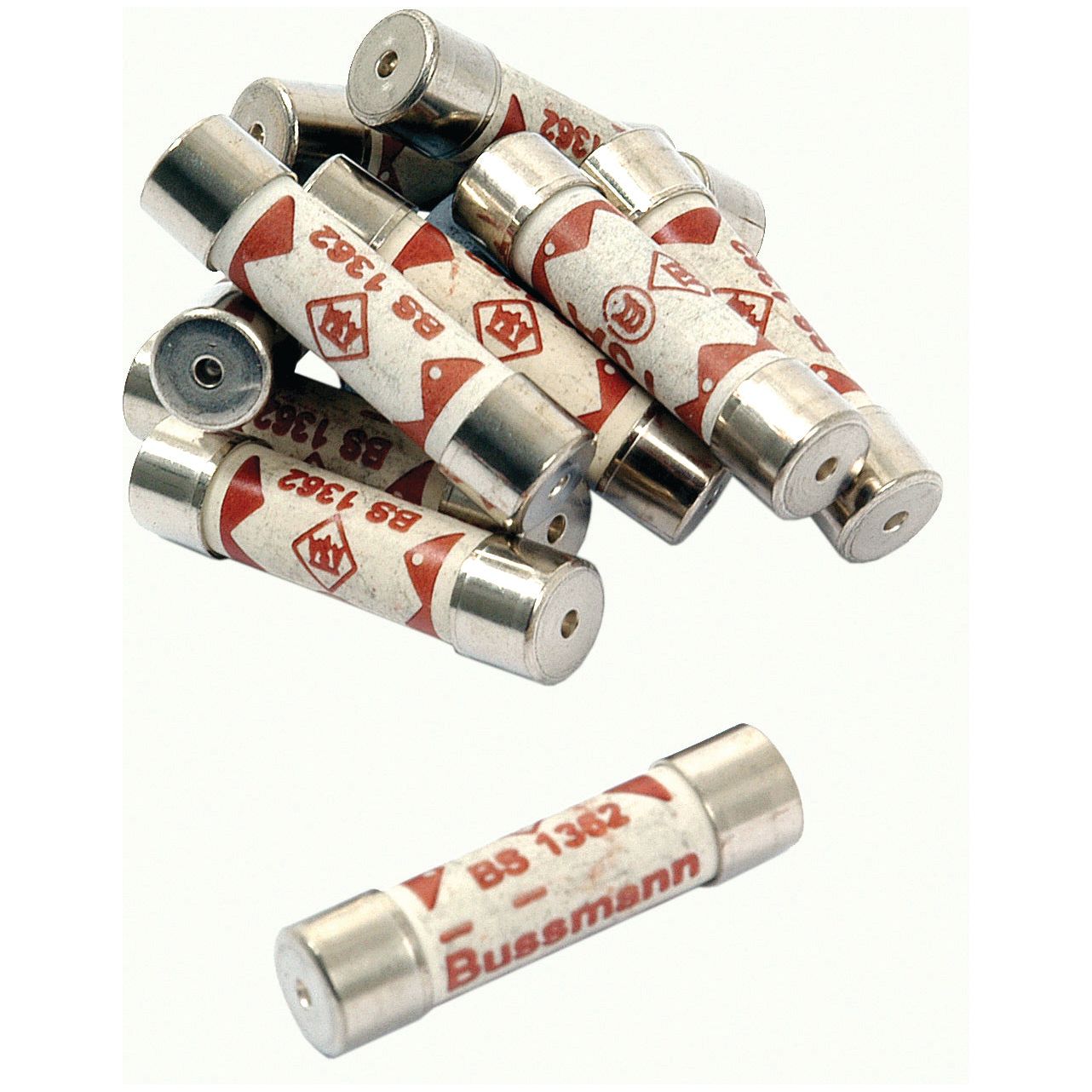 A pile of Sparex 13AMP Domestic Fuses (Sparex Part No. S.14365) featuring cylindrical shapes with metal ends and white bodies marked with red.