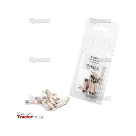Small glass tube fuses are scattered next to a transparent plastic package containing assorted fuses. The package displays "S.10267 Domestic Fuse, 13 Amps, 240V, 10 pcs." The Sparex logo is visible alongside the Agripak branding.
