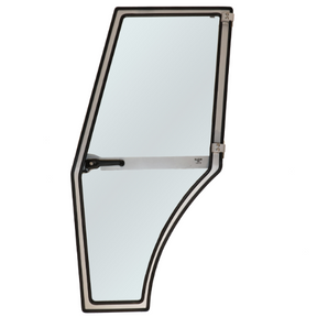 The Massey Ferguson - Door Complete L/H (3900687M92) by AGCO is a rectangular vehicle window with a metal frame designed for Massey Ferguson 300 Series tractors. It features a side latch and lever for opening, and the window is segmented with both straight and curved edges.
