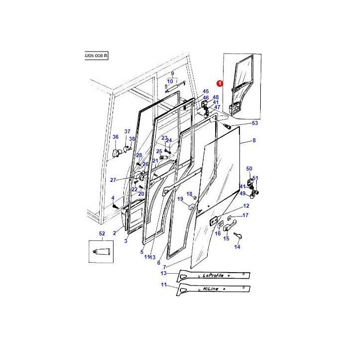 Exploded view diagram of the Massey Ferguson - Door Complete L/H (part number: 3900687M92), displaying various components such as window panels, hinges, and fasteners, all with numbered labels for each part. Inspired by the precision engineering standards of AGCO's Massey Ferguson 300 Series tractor elements.