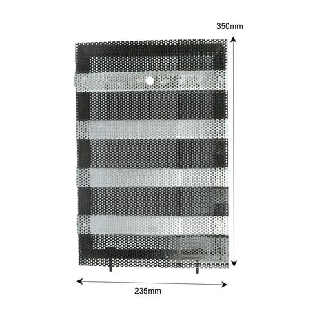 Rectangular black and silver mesh screen with dimensions labeled 350mm in height and 235mm in width. An arrow on each side indicates the dimensions, resembling the Door Grille (Sparex Part No.S.41211) by Sparex for Massey Ferguson tractors.