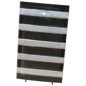 The Sparex Door Grille (Part No. S.41212) showcases a perforated metal sheet with alternating black and silver horizontal stripes, featuring a hole near the top center, reminiscent of a classic Massey Ferguson door grille, displayed against a white background.
