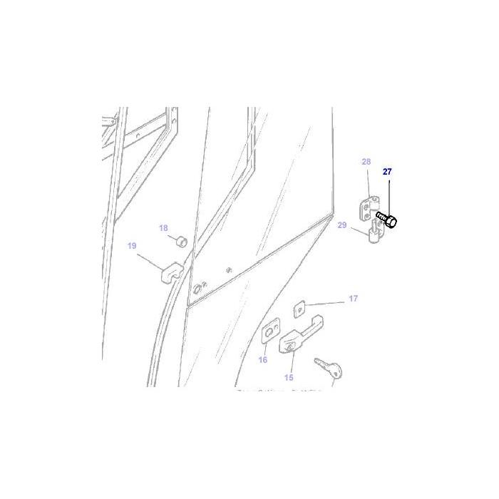 Diagram illustrating the components of a door latch mechanism, with the Massey Ferguson - Door Hinge Bolt Csk M8x20mm (item 27, part number 3477155M1) highlighted for emphasis. This model, from the AGCO brand's 300 Series, exemplifies the standard used in Massey Ferguson equipment.