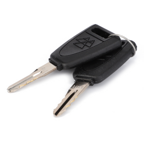 A pair of black-handled Massey Ferguson - Door Key - 4297513M91 by AGCO on a small metal keyring, set against a white background.