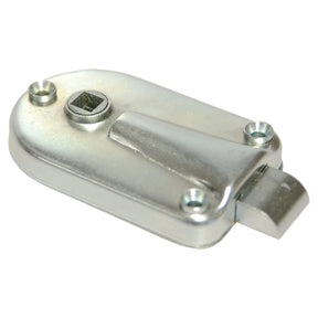 A metal cam lock with a rectangular key slot, designed to secure items such as drawers or cabinets. It features a rounded rectangular base with four screw holes for mounting, similar to the durable designs found in the Door Latch by Sparex (Part No.S.68982) used on David Brown tractors.