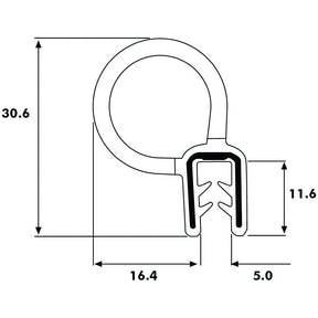 A cross-sectional diagram of the Door Rubber (Sparex Part No. S.101091) showcases its overall height of 30.6 mm and width of 16.4 mm. The clamp section measures 11.6 mm in height and 5.0 mm in width, making it an ideal Sparex component that meets OEM specifications.
