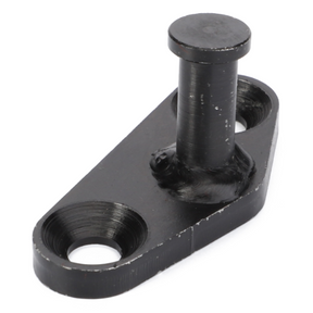 The Massey Ferguson - Door Striker L/H (Part Number: 3478228M1) from AGCO is a black metal bracket featuring two circular holes and a cylindrical protrusion in the middle, making it ideal for mounting on a Massey Ferguson 300 Series tractor.