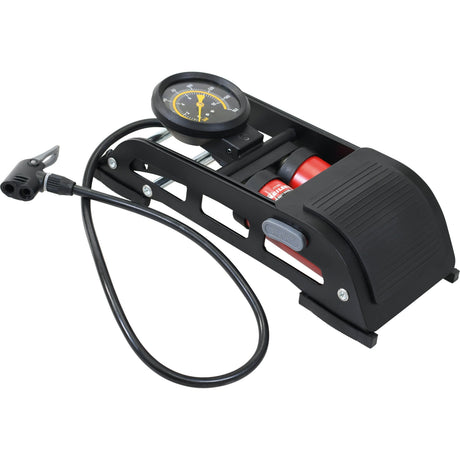 The Sparex Foot Pump Double Barrel (Sparex Part No. S.24590) features a foot-operated mechanism, dual calibrated PSI/Bar pressure gauge, durable steel construction, attached hose, and adaptors for air beds.