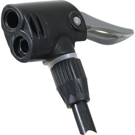 The Sparex Foot Pump Double Barrel (Sparex Part No.S.24590) features a dual-headed nozzle with a black body and gray lever for valve adjustments, constructed from steel and offering dual calibrated PSI/Bar measurements.