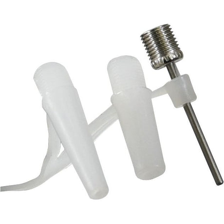 The Foot Pump Double Barrel by Sparex, Part No. S.24590, includes two translucent plastic nozzles connected by white tubing and a metal attachment that features dual calibrated PSI/Bar for precise measurements.