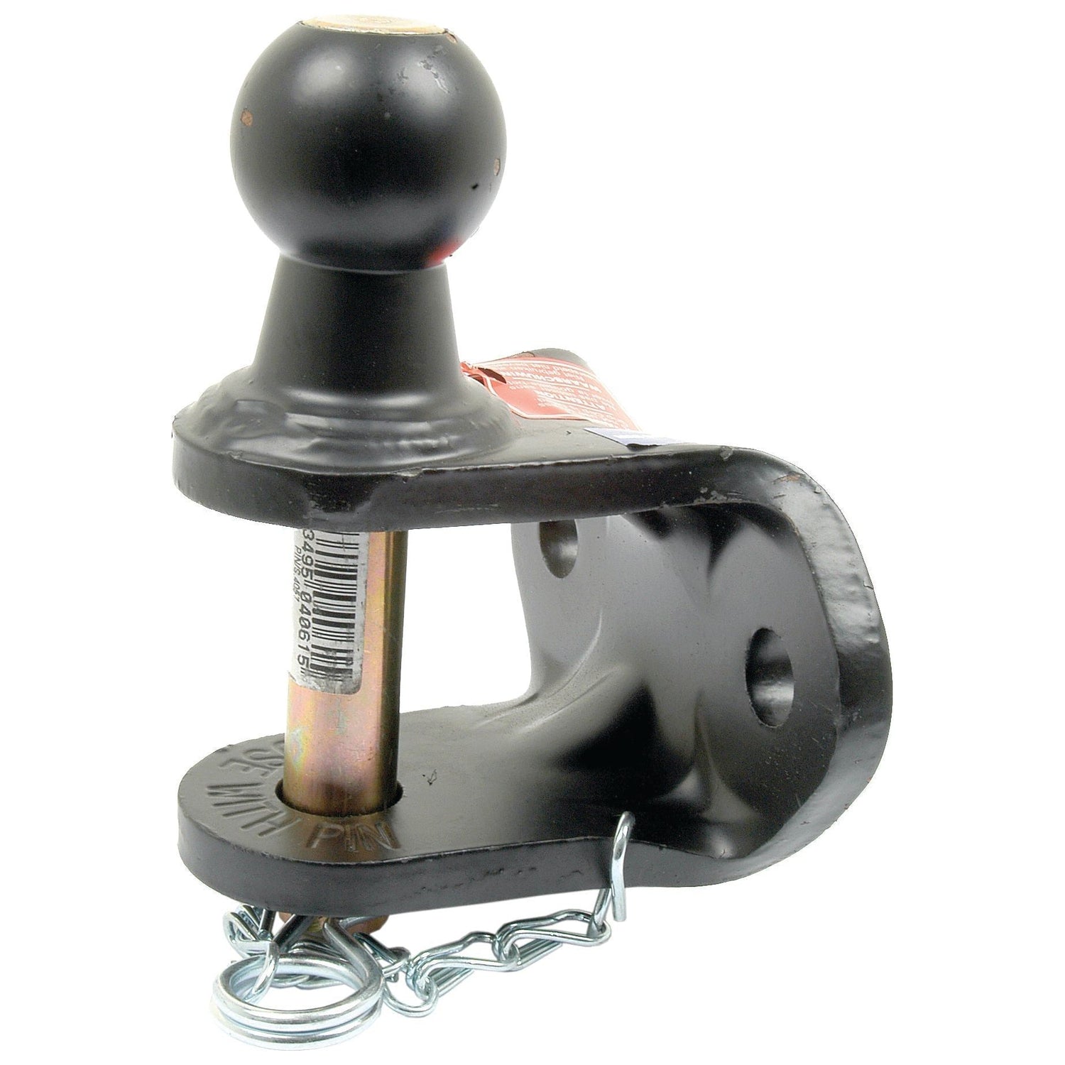 A Sparex Double Duty Ball Hitch 50mm (Black) - S.2029 trailer hitch features a ball mount and attached safety chain, with the pin securing the heavy-duty ball mount clearly visible.