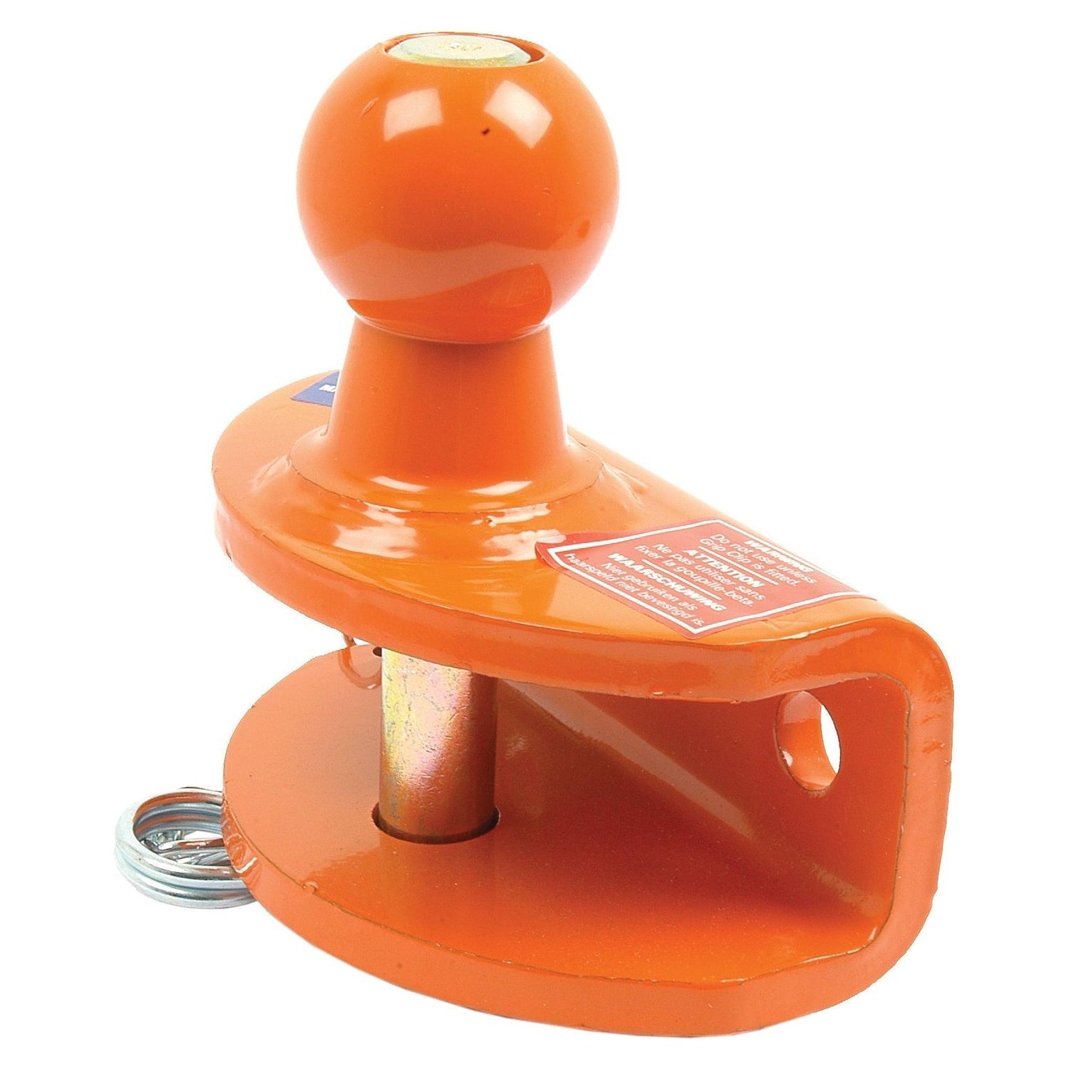 The Double Duty Ball Hitch 50mm (Orange) - S.2061 by Sparex is an orange trailer hitch lock with a round ball design, capable of securing a 50mm Ball Hitch and featuring an attached locking mechanism, perfect for standard duty applications up to 3300lbs.