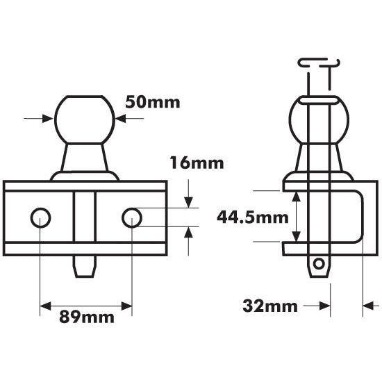 Technical drawing of the Double Duty Ball Hitch 50mm (Red) by Sparex (Sparex Part No.S.492061), with dimensions labeled: 50mm height, 16mm vertical section, 89mm width, 44.5mm vertical distance, and 32mm depth.