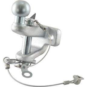 Close-up of the Sparex Double Duty Ball Hitch 50mm (Sparex Part No. S.18924) with a zinc-plated silver finish, featuring a locking pin and safety cables attached. The hitch boasts a maximum static load of 3500kg.