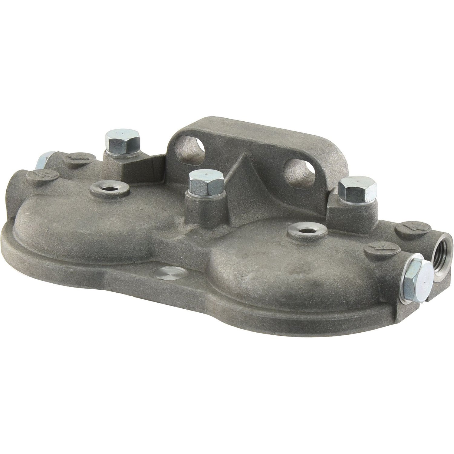 Double Filter Head by Sparex (Part No. S.59082), featuring two circular chambers, multiple bolts, and a metal body with a mounting bracket. Ideal for tractors and compatible with various filter head configurations.