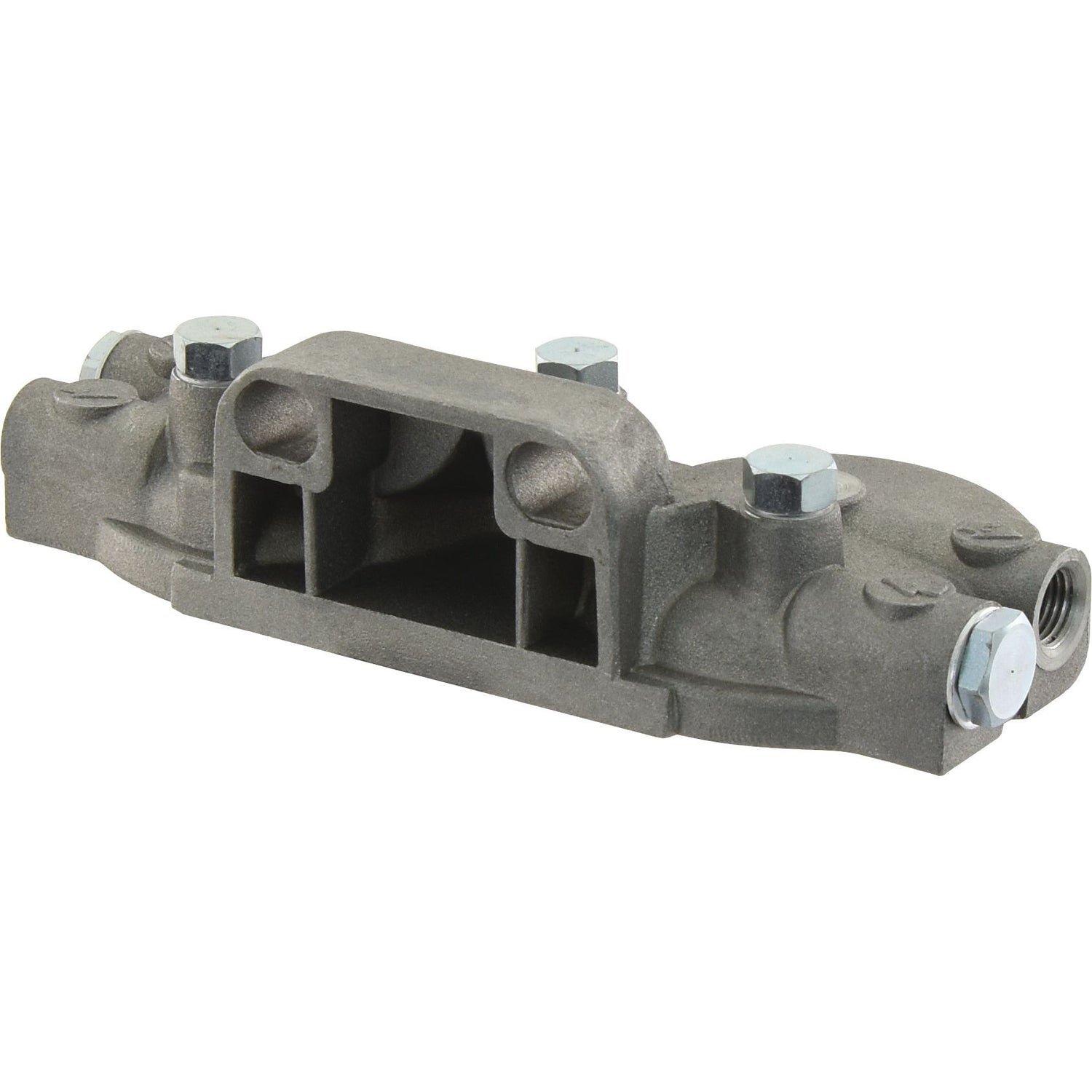 The Sparex Double Filter Head (Part No. S.59082) is a metal hydraulic control valve featuring multiple connection ports and hexagonal bolts, making it ideal for tractors and fully compatible with Sparex components.