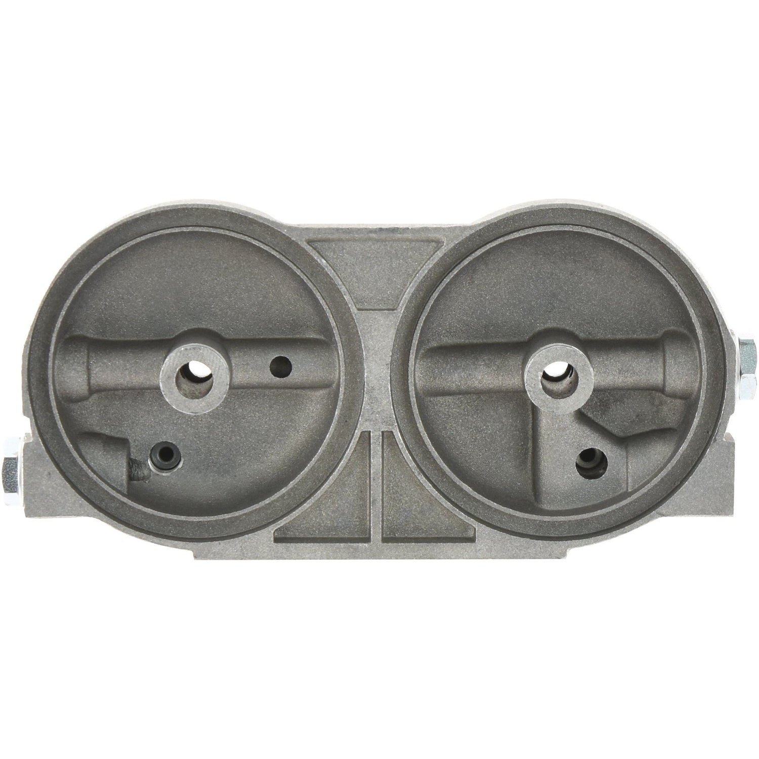 Close-up of a metal component featuring two circular structures with central holes and intricate details, resembling the Double Filter Head (Sparex Part No. S.59082). This part is likely used in machinery or tractors, manufactured by Sparex.