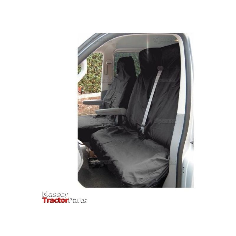 Sparex Double Passenger Seat Cover - Van - Universal Fit (S.71713), in black, is waterproof and installed on the double front seats of a vehicle. The logo "Massey Tractor Parts" appears in red and black text at the bottom left corner.