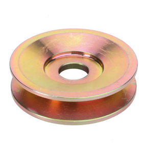 A Massey Ferguson - Double Pulley (part number 3596448M1) by AGCO is a metallic, circular pulley with a central hole and a grooved edge. This component, commonly found in tractor series like the Massey Ferguson 200 Series, is used to change the direction of force in mechanical devices.