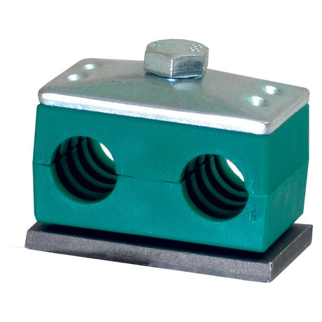 The Sparex Double Tube Clamp (Series B) - 12mm Ø (Ref. RBP1 - 112), also known as Sparex Part No.S.54897, is a green and silver metal clamp featuring two cylindrical openings designed to securely hold and stabilize 12mm diameter cylindrical objects for various applications.
