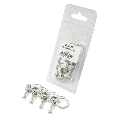 A package labeled "S.26280, K425, 5/16"x1-3/4", A/R, 5 pcs" containing five metal linchpin fasteners is displayed with the contents shown separately in front of the package. These fasteners are ideal for use with Sparex products such as the Double Wire Hose Clip (Ø13-16mm, Agripak), which comes in a set of four and is identified by Sparex Part No.S.26280.